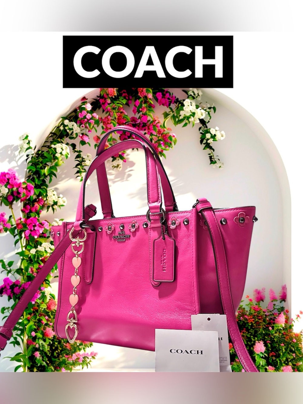 Rare Coach shoulder Bag Hot Pink Leather Tote bag Crossbody bag with Heart Charm - Picture 5 of 17